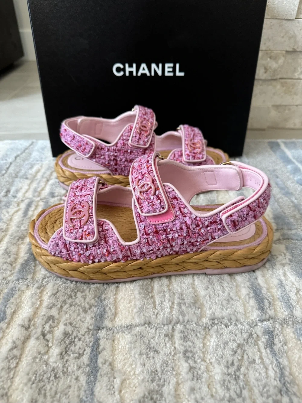 Chanel Pink and Red Tweed Dad Sandals Braided Raffia Sole Pink CC Logos 22P